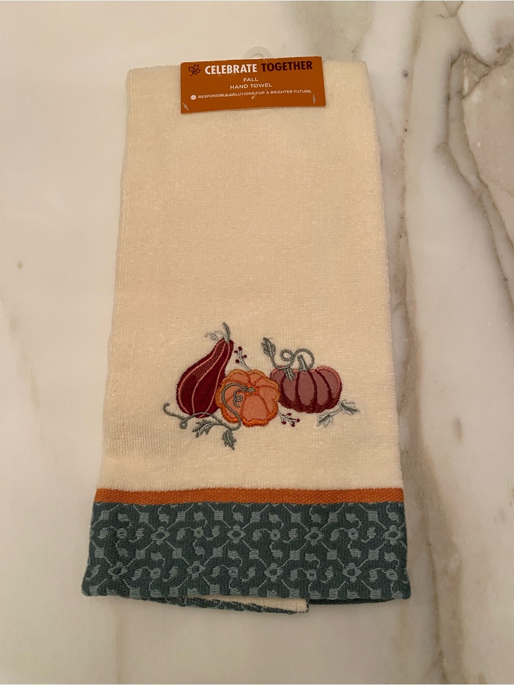 Kohl's Cream Fall Embroidered Hand Towel with Orange and Teal Accents